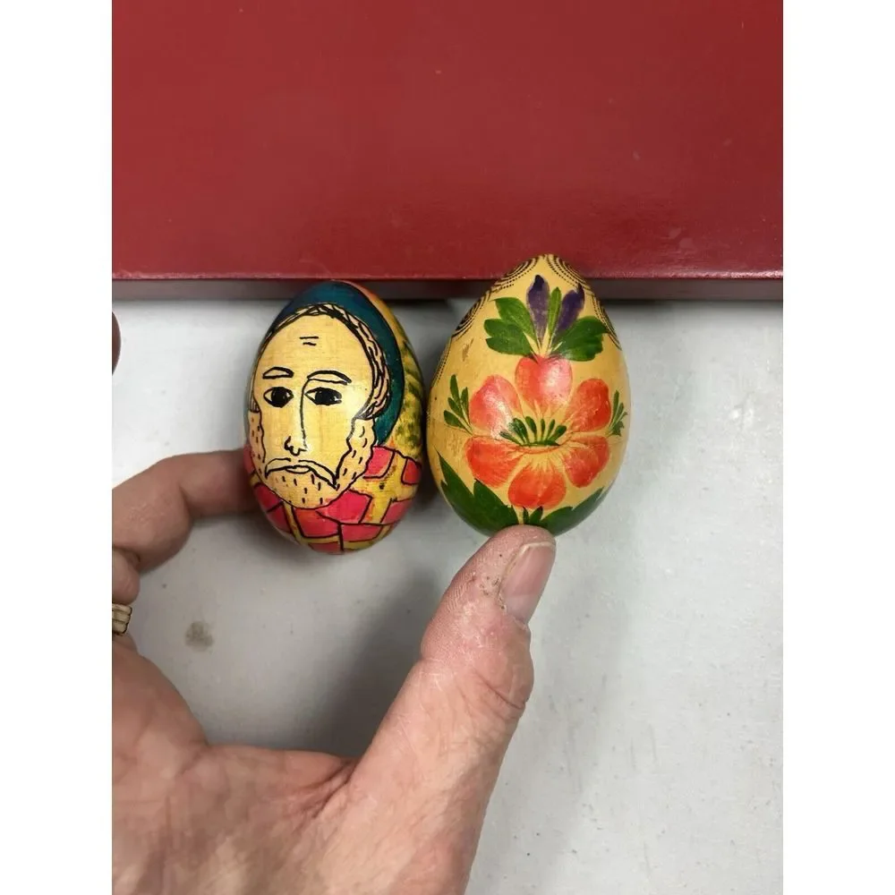 Matching Set Of 2‎ Lacquer Easter Egg Russian 1970s Wooden One Opens Trinket Box
